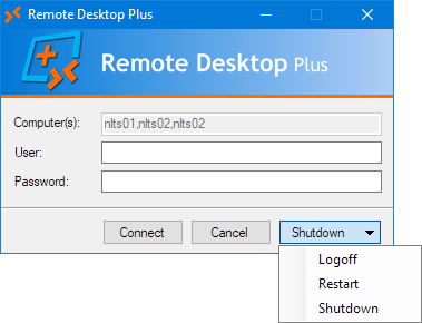 Remote Desktop Plus running as the system shell (with Shutdown button)