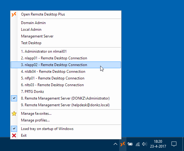Manage and launch favorites and switch to active Remote Desktop sessions from the system tray